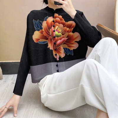 Κορεάτικο κομψό εμπριμέ μακρυμάνικο ζακέτα με μακρυμάνικο μπουφάν για γυναικεία πουκάμισα μόδα Υπερμεγέθη πολυτελής μπλούζα 2023