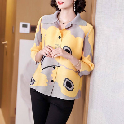 Κορεάτικο κομψό εμπριμέ μακρυμάνικο ζακέτα με μακρυμάνικο μπουφάν για γυναικεία πουκάμισα μόδα Υπερμεγέθη πολυτελής μπλούζα 2023