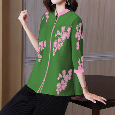 Κορεάτικο κομψό εμπριμέ μακρυμάνικο ζακέτα με μακρυμάνικο μπουφάν για γυναικεία πουκάμισα μόδα Υπερμεγέθη πολυτελής μπλούζα 2023