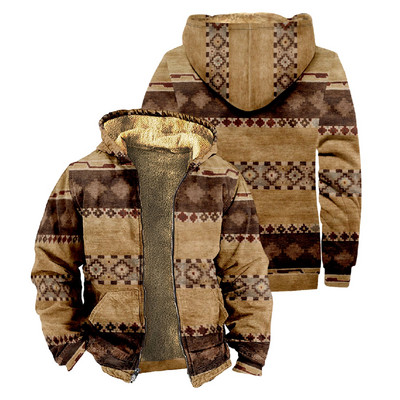 Ανδρικά παλτό φλις κουκούλα 2023 Φθινοπωρινό χειμωνιάτικο vintage μπουφάν με φερμουάρ Γεωμετρικά φούτερ Αζτέκων Παλτό Μάλλινα ζεστά πανωφόρια μπλουζάκια
