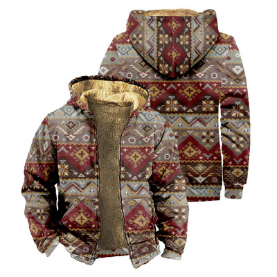 Ανδρικά παλτό φλις κουκούλα 2023 Φθινοπωρινό χειμωνιάτικο vintage μπουφάν με φερμουάρ Γεωμετρικά φούτερ Αζτέκων Παλτό Μάλλινα ζεστά πανωφόρια μπλουζάκια