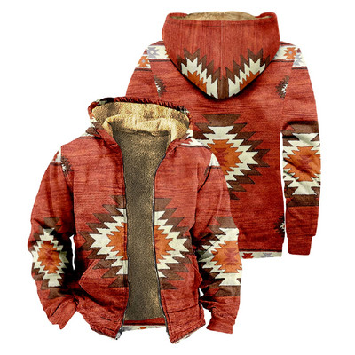 Ανδρικά παλτό φλις κουκούλα 2023 Φθινοπωρινό χειμωνιάτικο vintage μπουφάν με φερμουάρ Γεωμετρικά φούτερ Αζτέκων Παλτό Μάλλινα ζεστά πανωφόρια μπλουζάκια