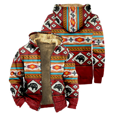 Ανδρικά παλτό φλις κουκούλα 2023 Φθινοπωρινό χειμωνιάτικο vintage μπουφάν με φερμουάρ Γεωμετρικά φούτερ Αζτέκων Παλτό Μάλλινα ζεστά πανωφόρια μπλουζάκια