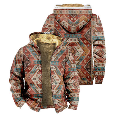 Ανδρικά παλτό φλις κουκούλα 2023 Φθινοπωρινό χειμωνιάτικο vintage μπουφάν με φερμουάρ Γεωμετρικά φούτερ Αζτέκων Παλτό Μάλλινα ζεστά πανωφόρια μπλουζάκια