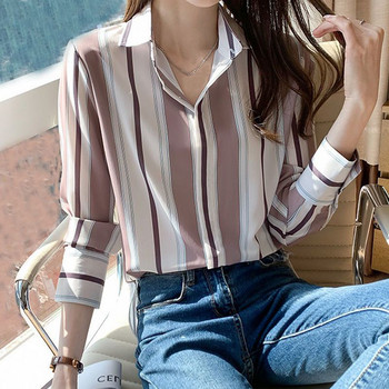 Office Lady Casual ριγέ στάμπα σιφόν πουκάμισο με κουμπιά επάνω Άνοιξη φθινόπωρο Γυναικεία Κορεάτικα απλού στυλ Μακρυμάνικα φαρδιά μπλούζες