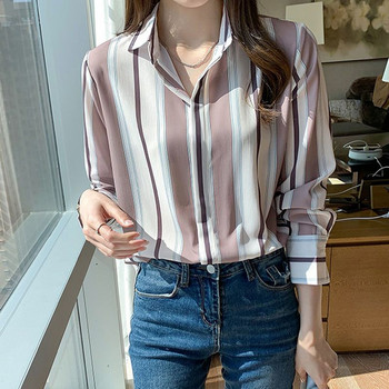 Офис дама Ежедневна риза с принт на райета от шифон с копчета Пролет Есен Дамска корейска семпла стилна широка блуза с дълги ръкави Топове