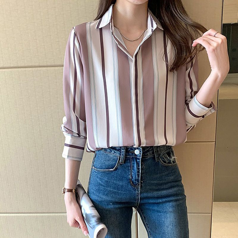 Uredska dama Ležerna košulja s prugastim printom od šifona Proljeće Jesen Ženske korejske jednostavne široke bluze dugih rukava Topovi