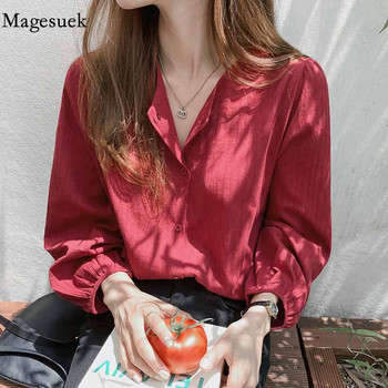 Μπλούζα με μονόχρωμη ζακέτα, φθινοπωρινό, βαμβακερό λεπτό, μακρυμάνικο, γυναικείο πουκάμισο με κόκκινο χρώμα στο κάτω μέρος, Blusas 11682