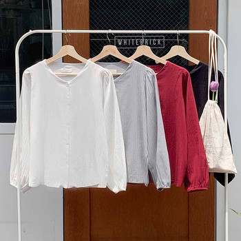 Универсална едноцветна ежедневна блуза с жилетка Есенна памучна тънка риза с дълги ръкави Дамска виненочервена долна риза Blusas 11682