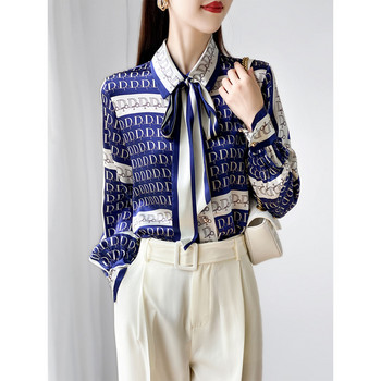 Дамско облекло, шик, елегантна риза с щампи на букви, есенна нова модна едноредна ретро блуза с отложна яка и връзки