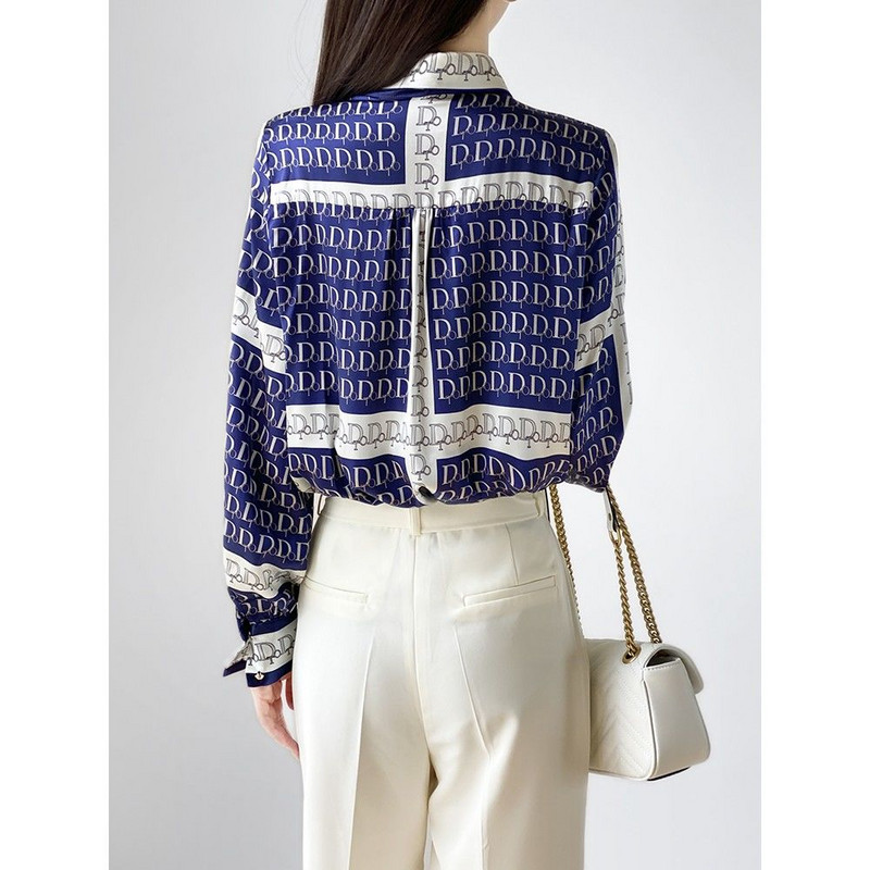 Dámske elegantné tričko s potlačou písmen, jesenná nová jednoradová módna vintage blúzka s golierom a šnurovaním