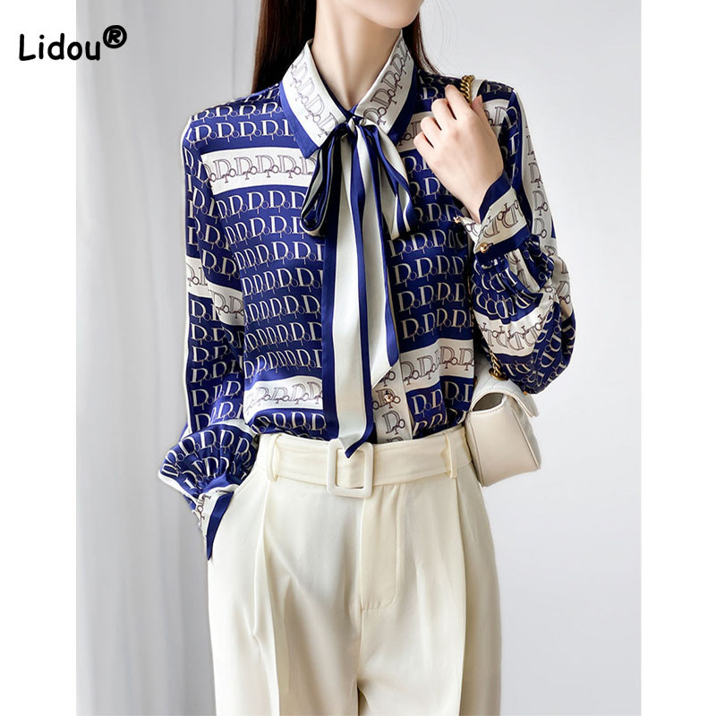 Dámske elegantné tričko s potlačou písmen, jesenná nová jednoradová módna vintage blúzka s golierom a šnurovaním