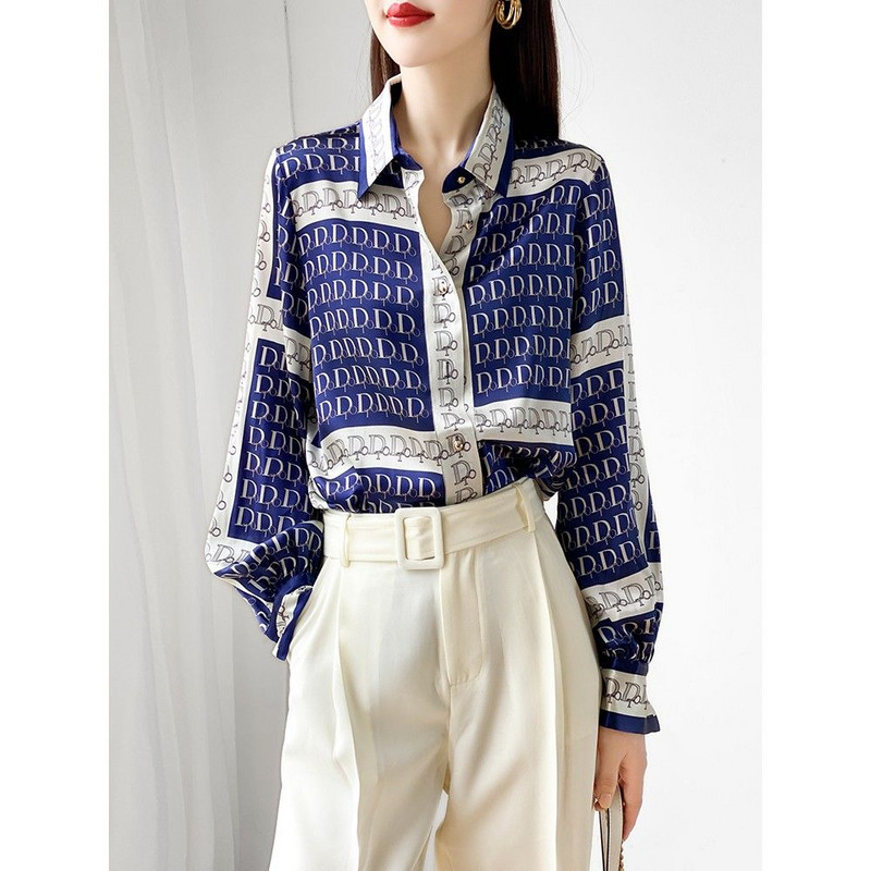 Dámske elegantné tričko s potlačou písmen, jesenná nová jednoradová módna vintage blúzka s golierom a šnurovaním