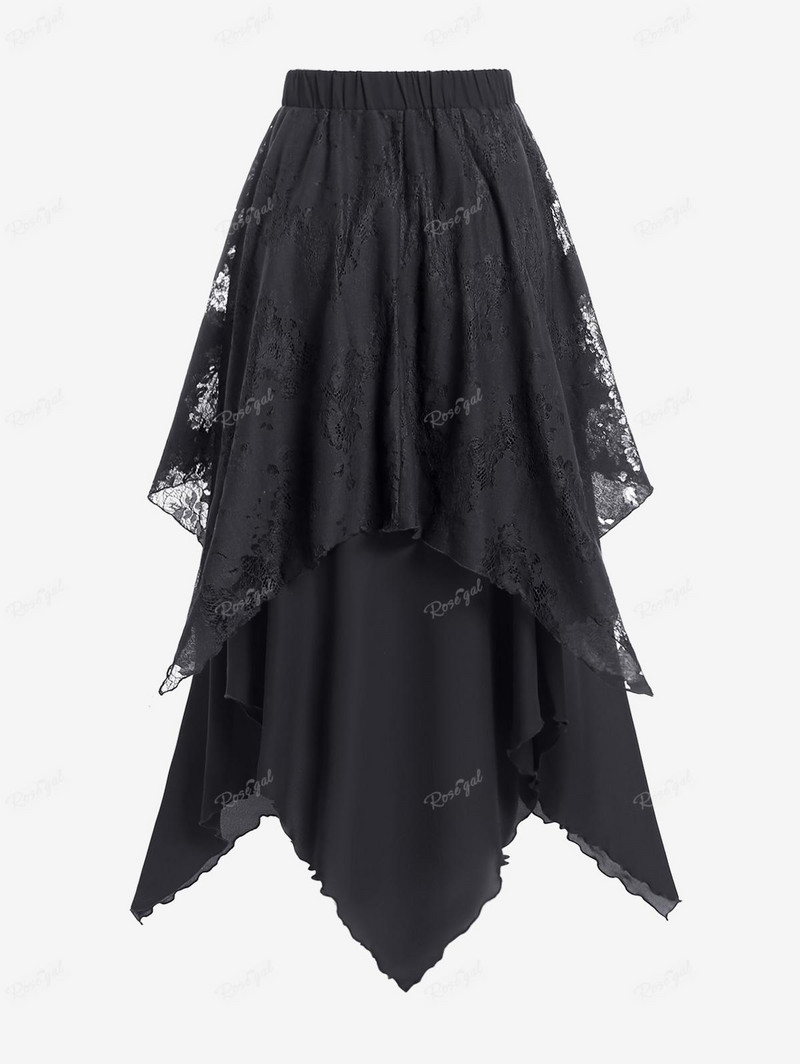 ROSEGAL Fusta gotică cu batista de mărime mare, suprapusă cu dantelă neagră Fuste cu etaje în straturi Fusta maxi midi asimetrică Streetwear