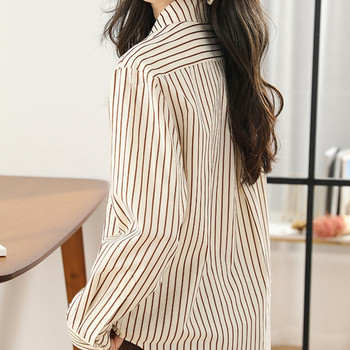 #2567 Раирана риза Дамски офис дамски топове и блузи с дълъг ръкав Корейски стил Свободни ретро ризи Женски джобове Пролет 2023