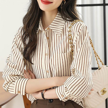 #2567 Ριγέ πουκάμισο Γυναικείο μακρυμάνικο γραφείο Γυναικεία μπλουζάκια και μπλούζες Κορεατικού στυλ Φαρδιά vintage πουκάμισα Γυναικείες τσέπες Άνοιξη2023