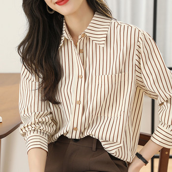 #2567 Раирана риза Дамски офис дамски топове и блузи с дълъг ръкав Корейски стил Свободни ретро ризи Женски джобове Пролет 2023
