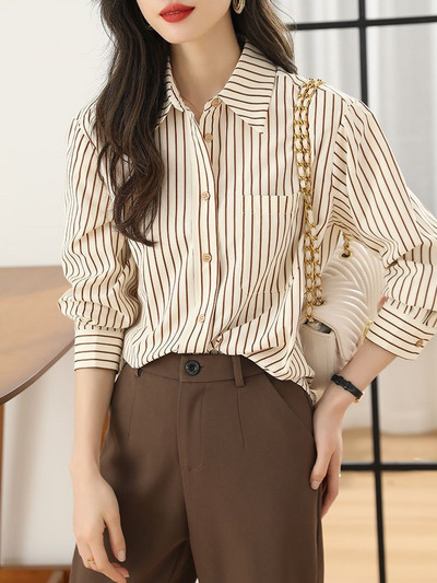 #2567 Prugasta košulja Ženske dugih rukava Uredske ženske majice i bluze Široke vintage košulje u korejskom stilu Ženske džepne majice Proljeće 2023.