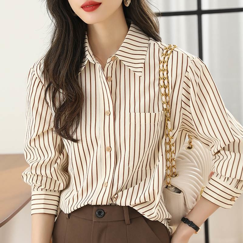 #2567 Prugasta košulja Ženske dugih rukava Uredske ženske majice i bluze Široke vintage košulje u korejskom stilu Ženske džepne majice Proljeće 2023.