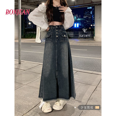 Denim vintage Plus-size 5XL femeie primăvară toamnă 2023 fustă nouă cu talie înaltă pentru slăbire în linie A îmbrăcăminte de modă coreeană fustă maxi