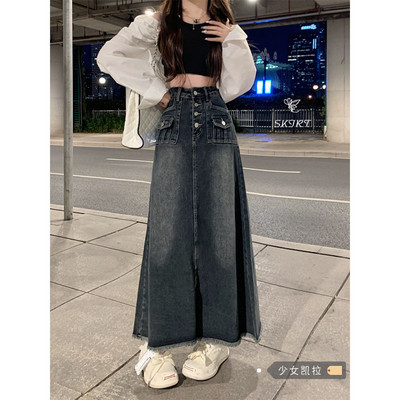 Denim vintage Plus-size 5XL femeie primăvară toamnă 2023 fustă nouă cu talie înaltă pentru slăbire în linie A îmbrăcăminte de modă coreeană fustă maxi