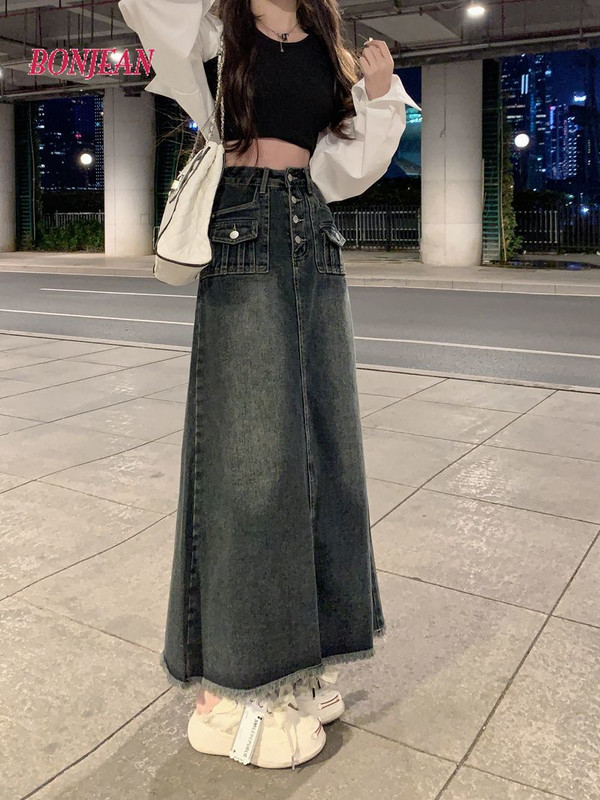 Denim vintage Plus-size 5XL femeie primăvară toamnă 2023 fustă nouă cu talie înaltă pentru slăbire în linie A îmbrăcăminte de modă coreeană fustă maxi