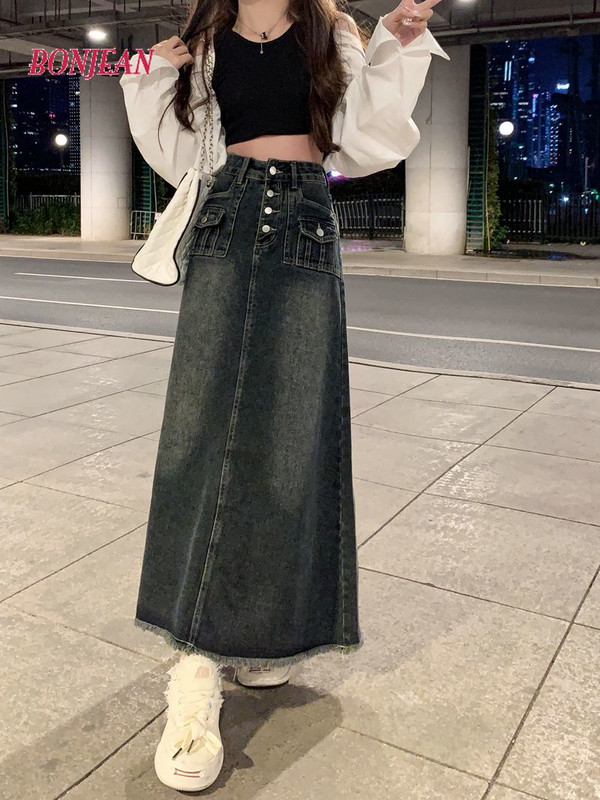 Denim vintage Plus-size 5XL femeie primăvară toamnă 2023 fustă nouă cu talie înaltă pentru slăbire în linie A îmbrăcăminte de modă coreeană fustă maxi