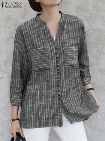ZANZEA Лятна ретро раирана риза Дамска блуза с v-образно деколте 3/4 ръкав Модни ежедневни копчета Работни блузи Свободни парти горнища Туника