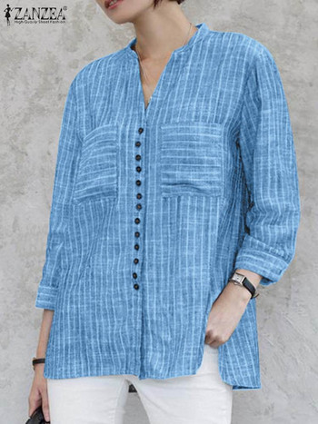 ZANZEA Лятна ретро раирана риза Дамска блуза с v-образно деколте 3/4 ръкав Модни ежедневни копчета Работни блузи Свободни парти горнища Туника