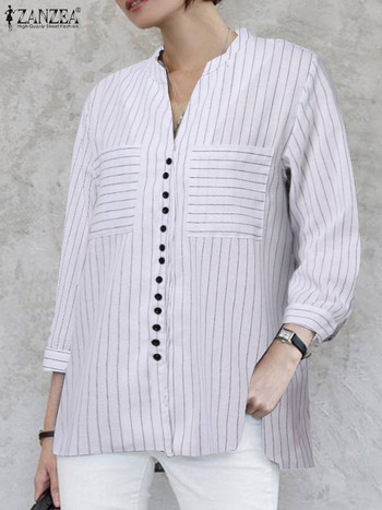 ZANZEA Καλοκαιρινό vintage ριγέ πουκάμισο Γυναικείο V λαιμόκοψη 3/4 μανίκια μπλούζα μόδας casual κουμπιά Work Blusas Loose Party Tops Tunic