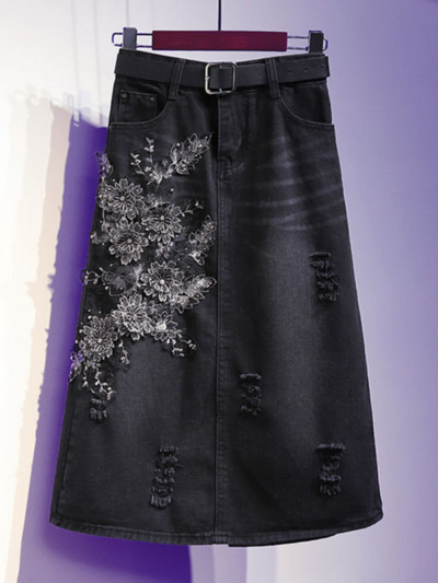 Európai középhosszú farmerszoknya női félhosszú női szoknya 90 kg új hímzett virágos alkalmi szoknya A-vonal