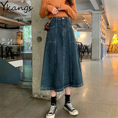 Fusta de blugi vintage pentru femei, mărime mare, 5XL, cu blugi lungi coreeani, 2021, cu buzunar cu nasturi, cu tiv mare, lejer, cu talie înaltă, fuste a-line