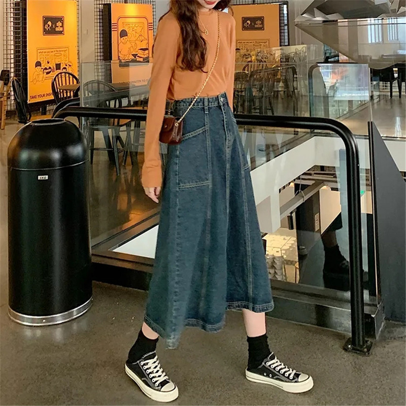 Vintage traper suknja Ženska velika 5XL korejska duga traper suknja 2021. s dugmadima i velikim porubom, ležerne široke suknje A-kroja visokog struka