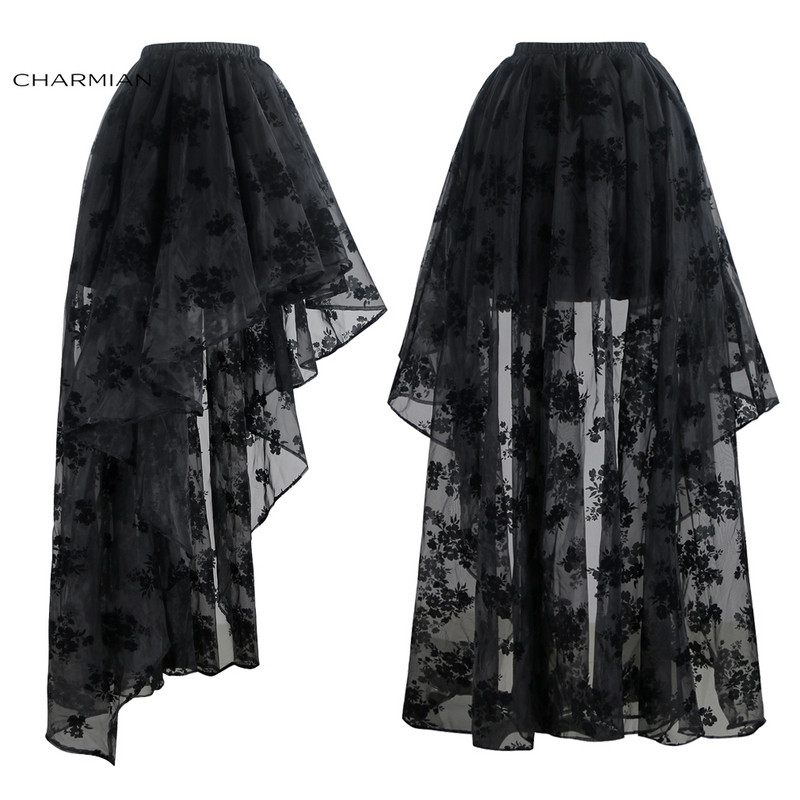 Charmian Steampunk Visoka niska suknja Ženske gotičke vintage suknje za svatove, velike veličine Crne čipkaste suknje s cvjetnim kostimima