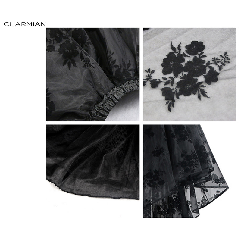 Charmian Steampunk Visoka niska suknja Ženske gotičke vintage suknje za svatove, velike veličine Crne čipkaste suknje s cvjetnim kostimima