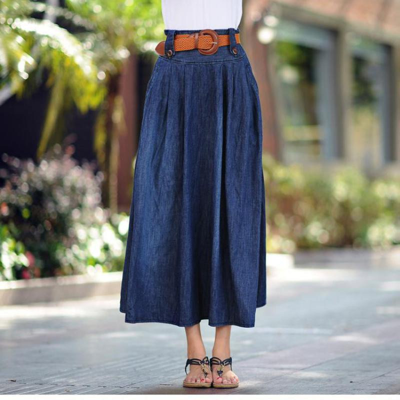 Plus veličina S-6XL ženska duga traper suknja proljeće ljeto jesen modna ležerna elegantna plisirana jeans suknja s remenom plava