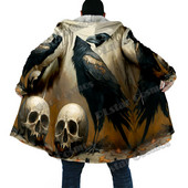 Pelerina de iarnă pentru bărbați, model de craniu de cioara de Halloween, imprimare 3D, mantie groasă de lână cu glugă, unisex, ocazională, haină caldă
