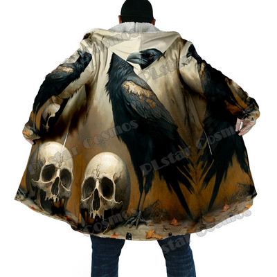 Pelerina de iarnă pentru bărbați, model de craniu de cioara de Halloween, imprimare 3D, mantie groasă de lână cu glugă, unisex, ocazională, haină caldă