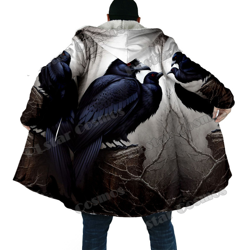Muški zimski ogrtač Noć vještica, uzorak lubanje vrane, 3D ispis, debeli vuneni ogrtač s kapuljačom, uniseks ležerni topli ogrtač