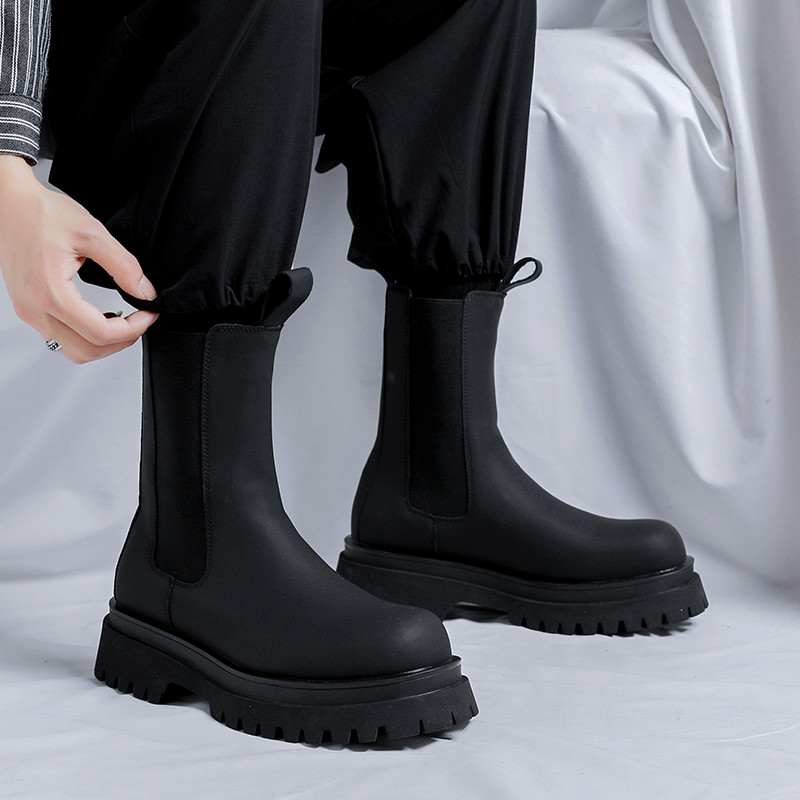 Ανδρικές μπότες βρετανικού στυλ Παπούτσια για άντρες Μπότες μεσαίας κοπής με χοντρή σόλα Chelsea Μπότες Χειμερινές άνετες μπότες μοτοσικλέτας Μπότες συρόμενες