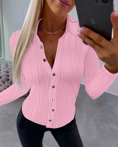 Bluză elegantă Cămașă de damă de culoare uni Top 2023 Toamnă amestecat bumbac cu decolteu în V cu nasturi Office Lady Fashion Cămașă slim fit S-XXL
