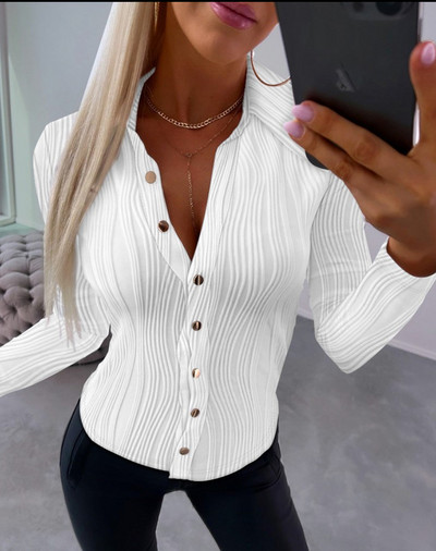 Bluză elegantă Cămașă de damă de culoare uni Top 2023 Toamnă amestecat bumbac cu decolteu în V cu nasturi Office Lady Fashion Cămașă slim fit S-XXL
