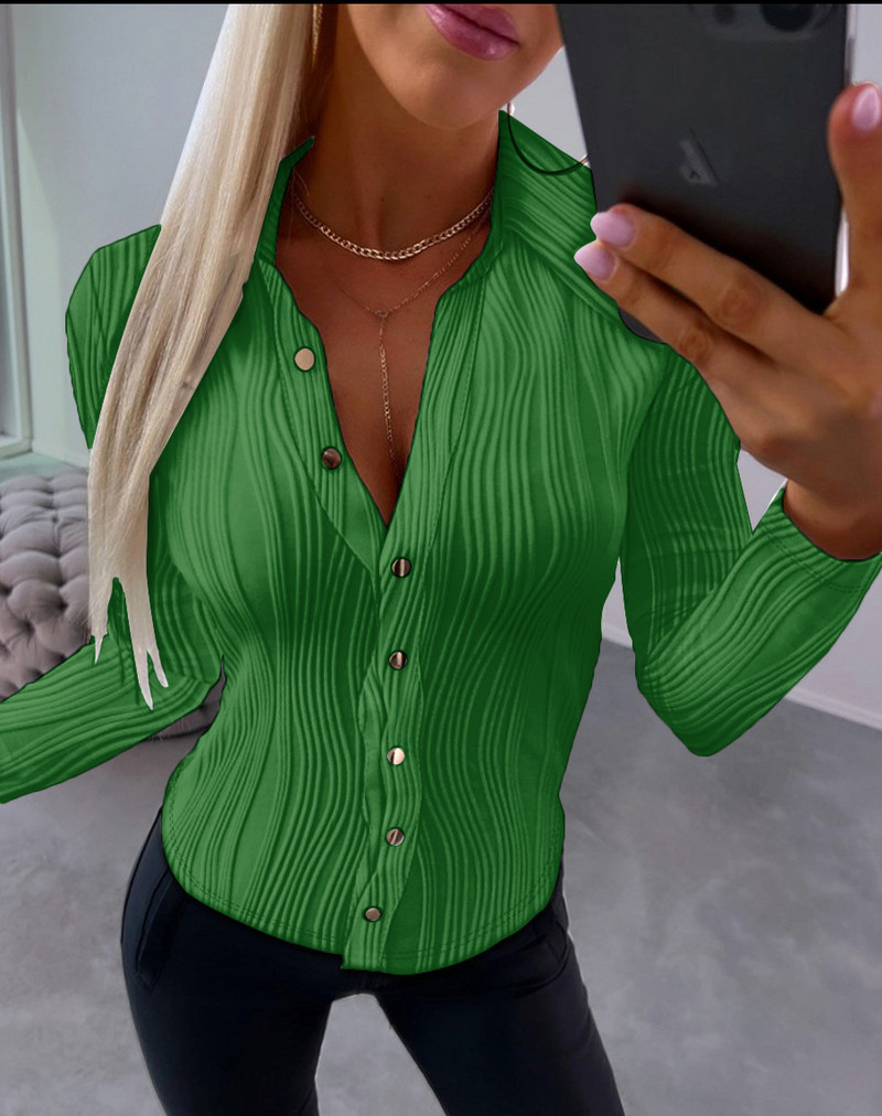 Bluză elegantă Cămașă de damă de culoare uni Top 2023 Toamnă amestecat bumbac cu decolteu în V cu nasturi Office Lady Fashion Cămașă slim fit S-XXL