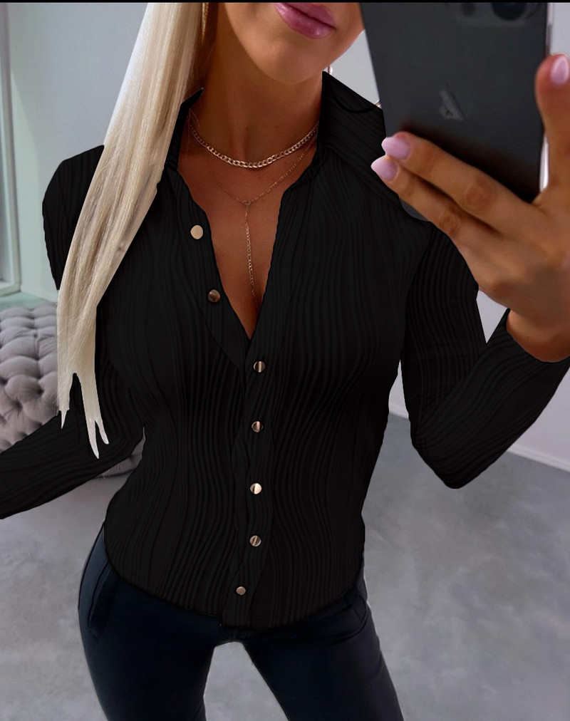 Bluză elegantă Cămașă de damă de culoare uni Top 2023 Toamnă amestecat bumbac cu decolteu în V cu nasturi Office Lady Fashion Cămașă slim fit S-XXL