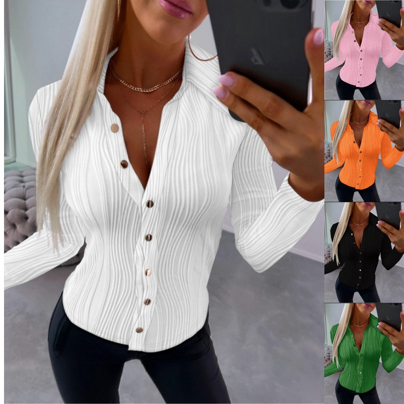 Bluză elegantă Cămașă de damă de culoare uni Top 2023 Toamnă amestecat bumbac cu decolteu în V cu nasturi Office Lady Fashion Cămașă slim fit S-XXL