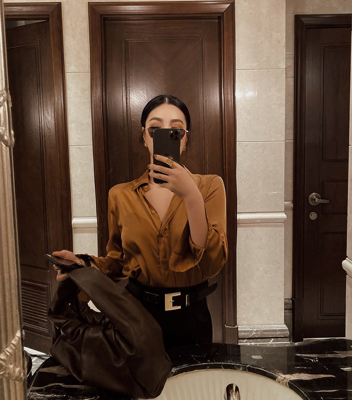 Prancūziško stiliaus atlaso šilko vintažiniai palaidinės marškinėliai, moteriški viršutiniai marškinėliai ilgomis rankovėmis, 2021 m., nauja pavasario rudens mada OL Laisvos palaidinės, moteriškos