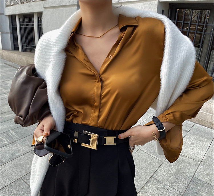 Prancūziško stiliaus atlaso šilko vintažiniai palaidinės marškinėliai, moteriški viršutiniai marškinėliai ilgomis rankovėmis, 2021 m., nauja pavasario rudens mada OL Laisvos palaidinės, moteriškos