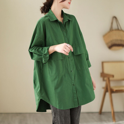 Novi dolazak Proljetna umjetnička stilska ženska košulja dugih rukava širokih ovratnika s duplim džepovima Jednobojna ležerna košulja Ženske majice P314