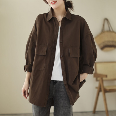 Novi dolazak Proljetna umjetnička stilska ženska košulja dugih rukava širokih ovratnika s duplim džepovima Jednobojna ležerna košulja Ženske majice P314