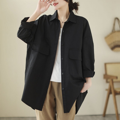 Novi dolazak Proljetna umjetnička stilska ženska košulja dugih rukava širokih ovratnika s duplim džepovima Jednobojna ležerna košulja Ženske majice P314